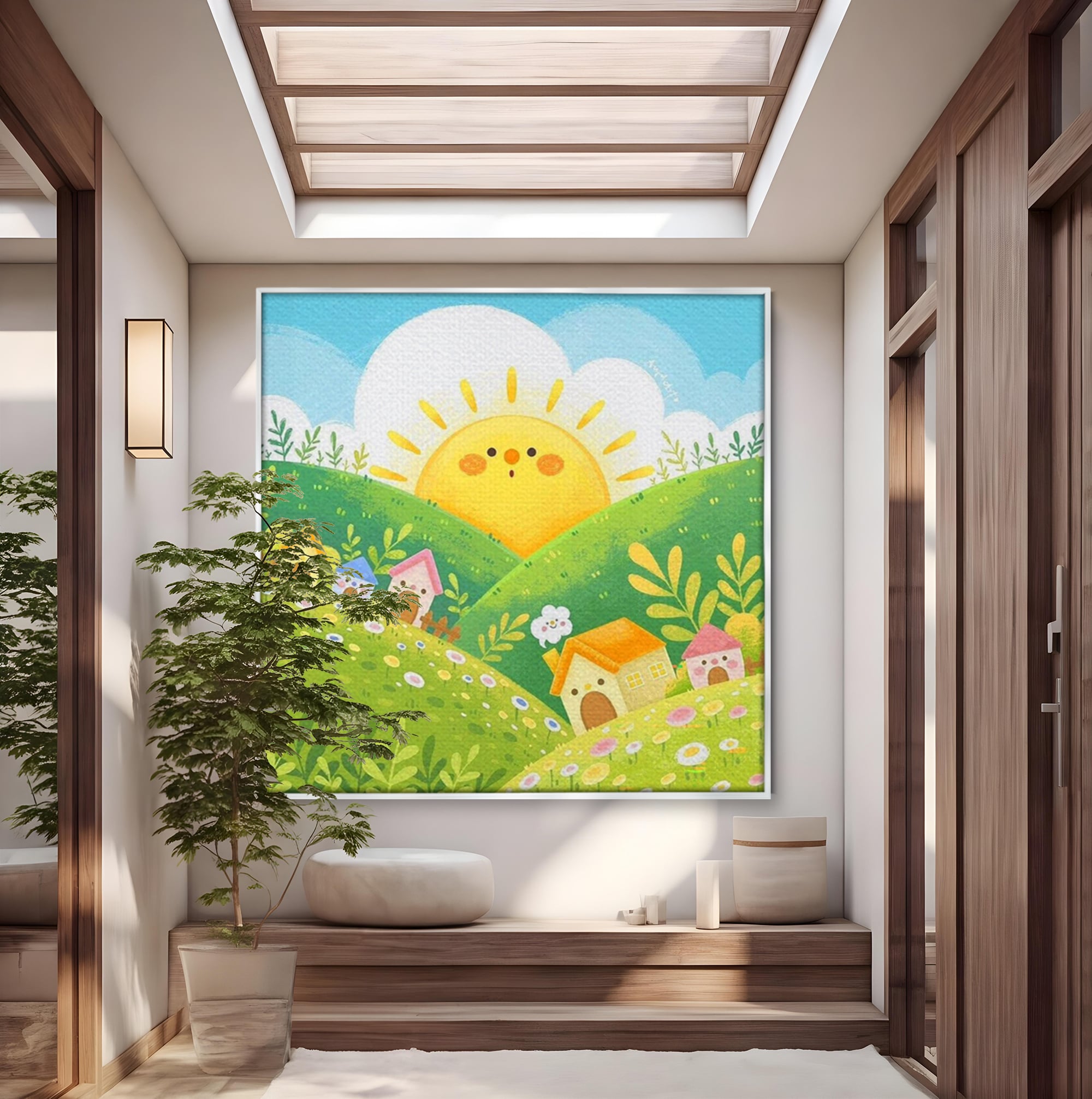Tablou canvas cu ilustratie cu soare zambitor si casute, in rama de aluminiu argintiu